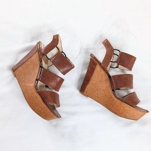 Vince Camuto Niskera Brown Tan Leather Wedge Heel Sandals